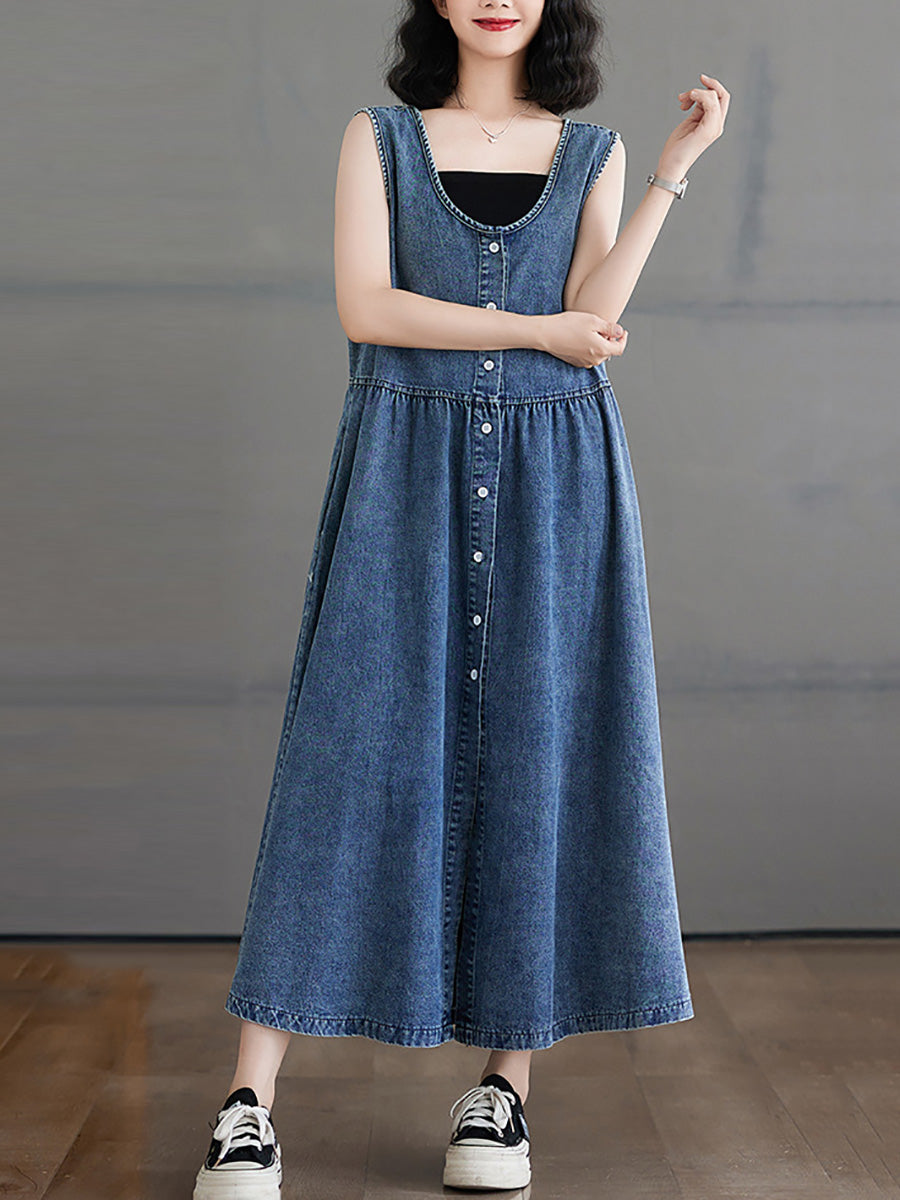 Women Casual Summer Denim A-Shape Loose Vest Dress