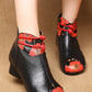 Women Retro Genuine Leather Flower Spliced Chunky Heel Boots