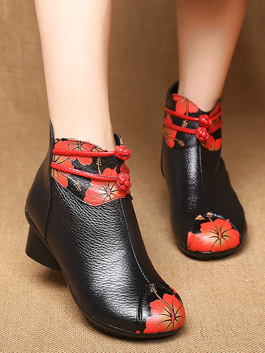 Women Retro Genuine Leather Flower Spliced Chunky Heel Boots