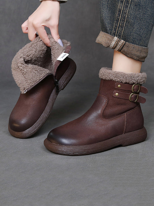 Women Winter Vintage Genuine Leather Fleece-lined Boots