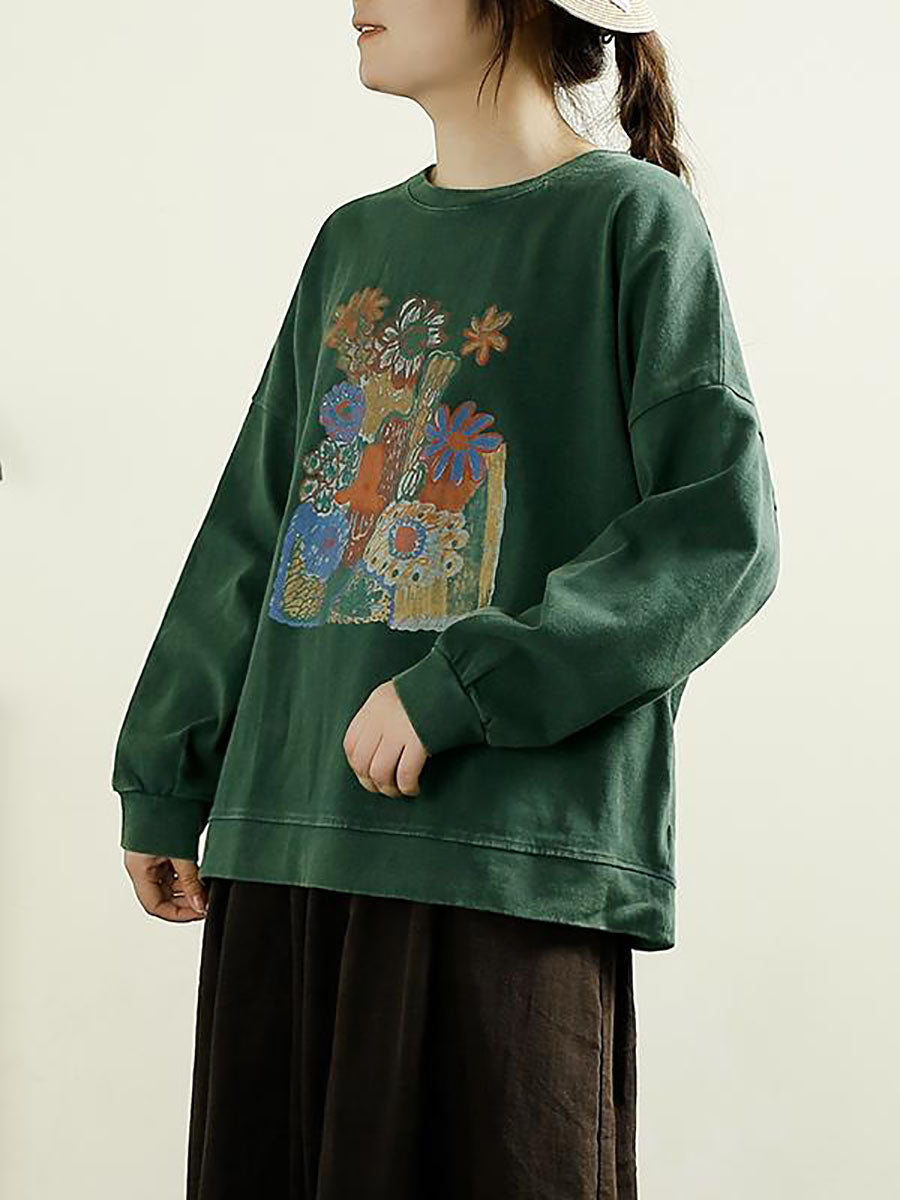 Women Casual Autumn Flower O-Neck Cotton Blouse