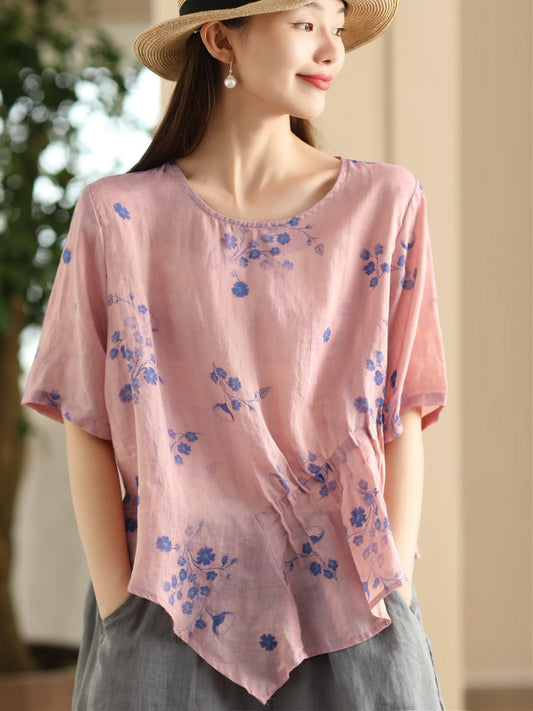 Women Summer Artsy Floral Shirred Ramie Shirt