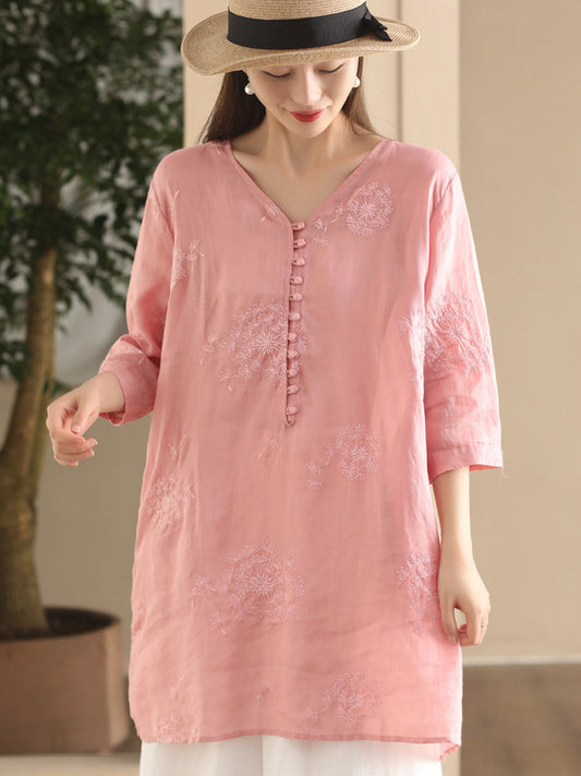 Women Summer Artsy Flower Embroidery V-Neck Ramie Shirt