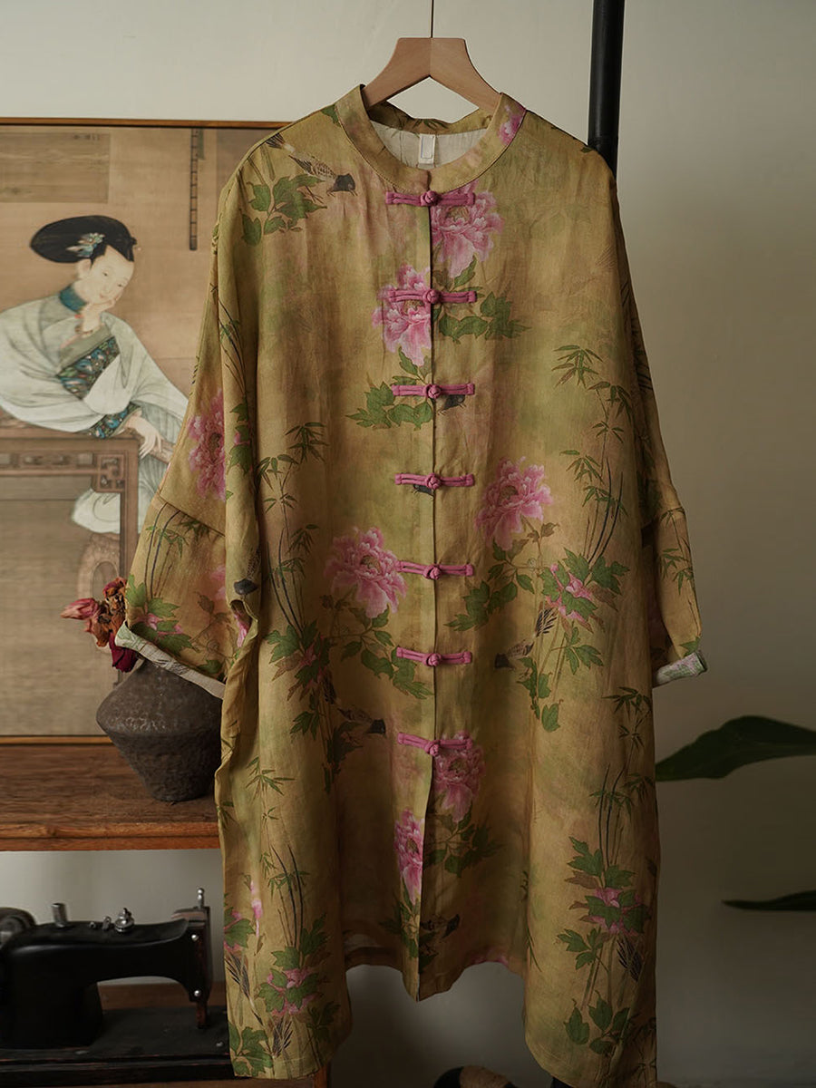 Women Summer Ethnic Flower Button Ramie Long Robe Shirt