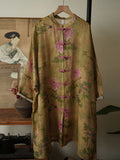 Women Summer Ethnic Flower Button Ramie Long Robe Shirt