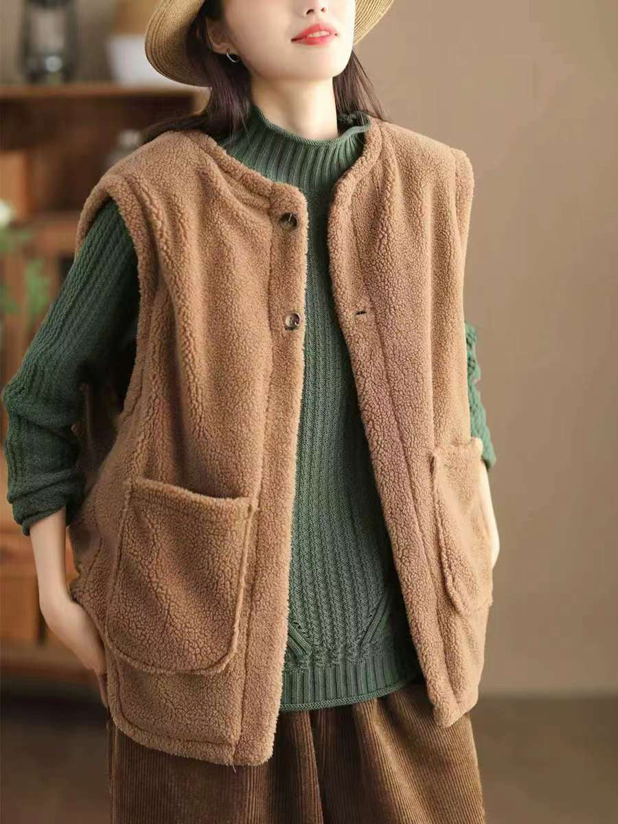 Women Casual Winter Solid Corduroy Plush Cotton Vest Coat