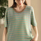 Women Casual Summer Srtipe O-Neck Linen Shirt