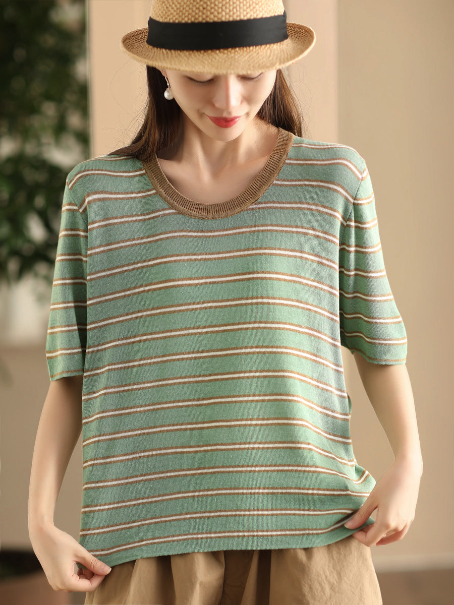 Women Casual Summer Srtipe O-Neck Linen Shirt