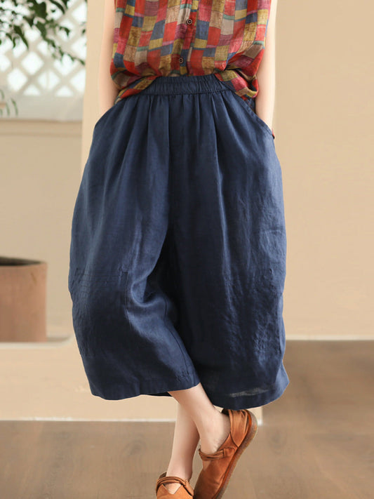 Women Summer Vintage Solid Loose Wide-leg Linen Pants