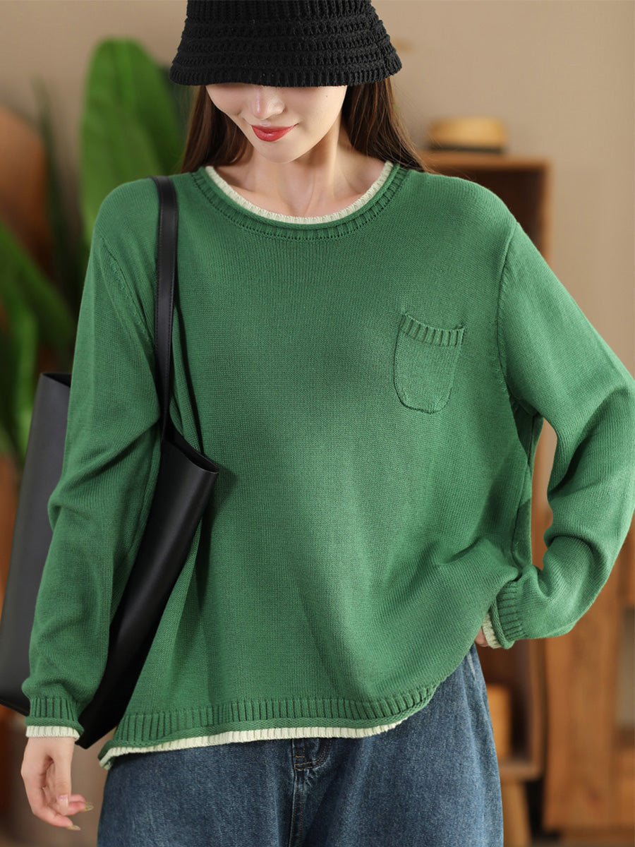 Women Autumn Casual Colorblock O-Neck Cotton Knit Blouse