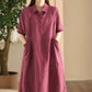 Women Summer Casual Solid Loose Polo Collar Linen Dress