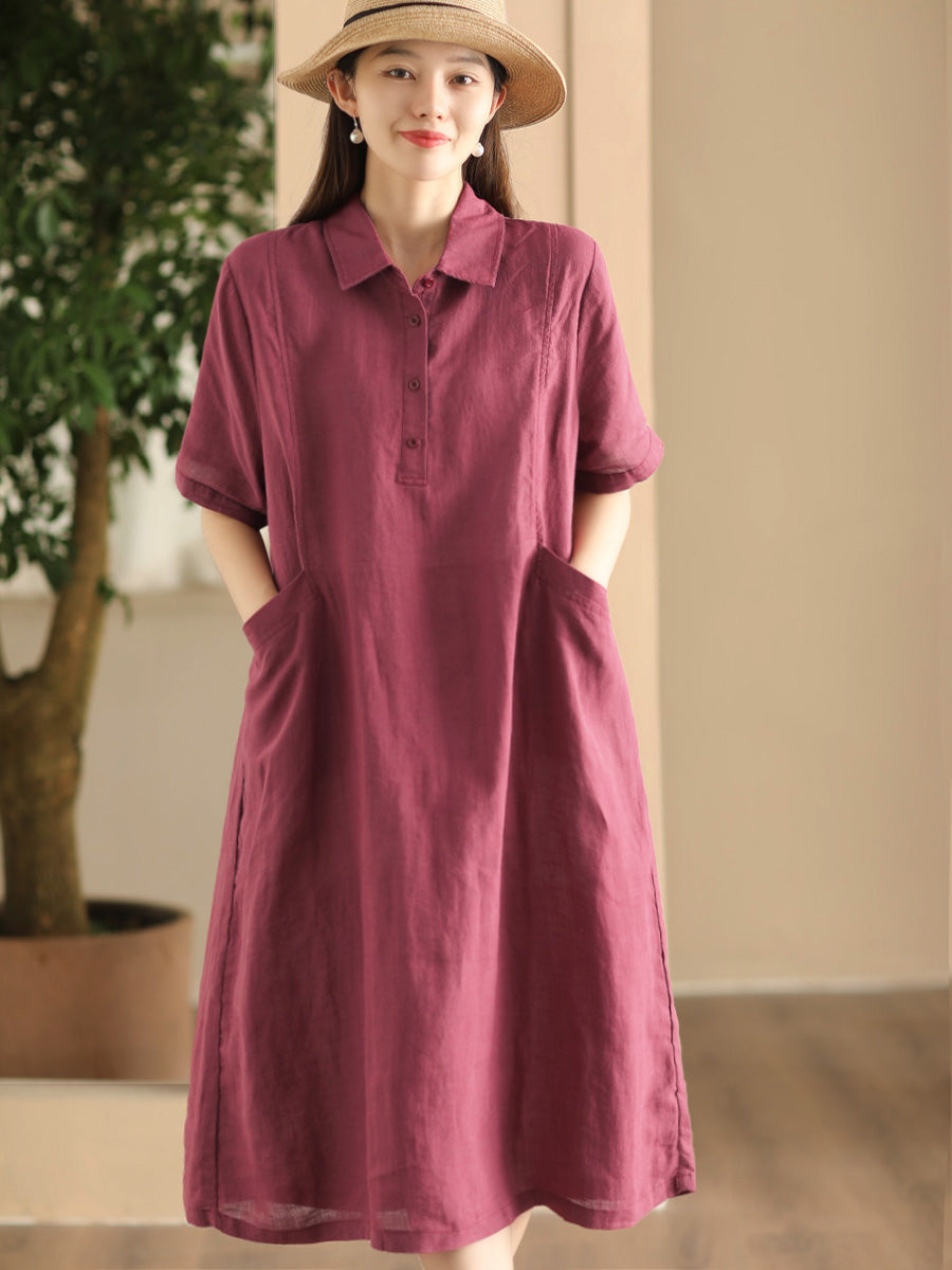 Women Summer Casual Solid Loose Polo Collar Linen Dress