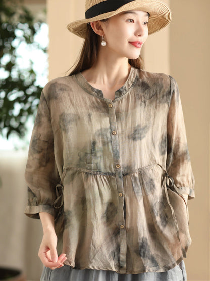 Women Summer Artsy Floral Strap Button Ramie Shirt