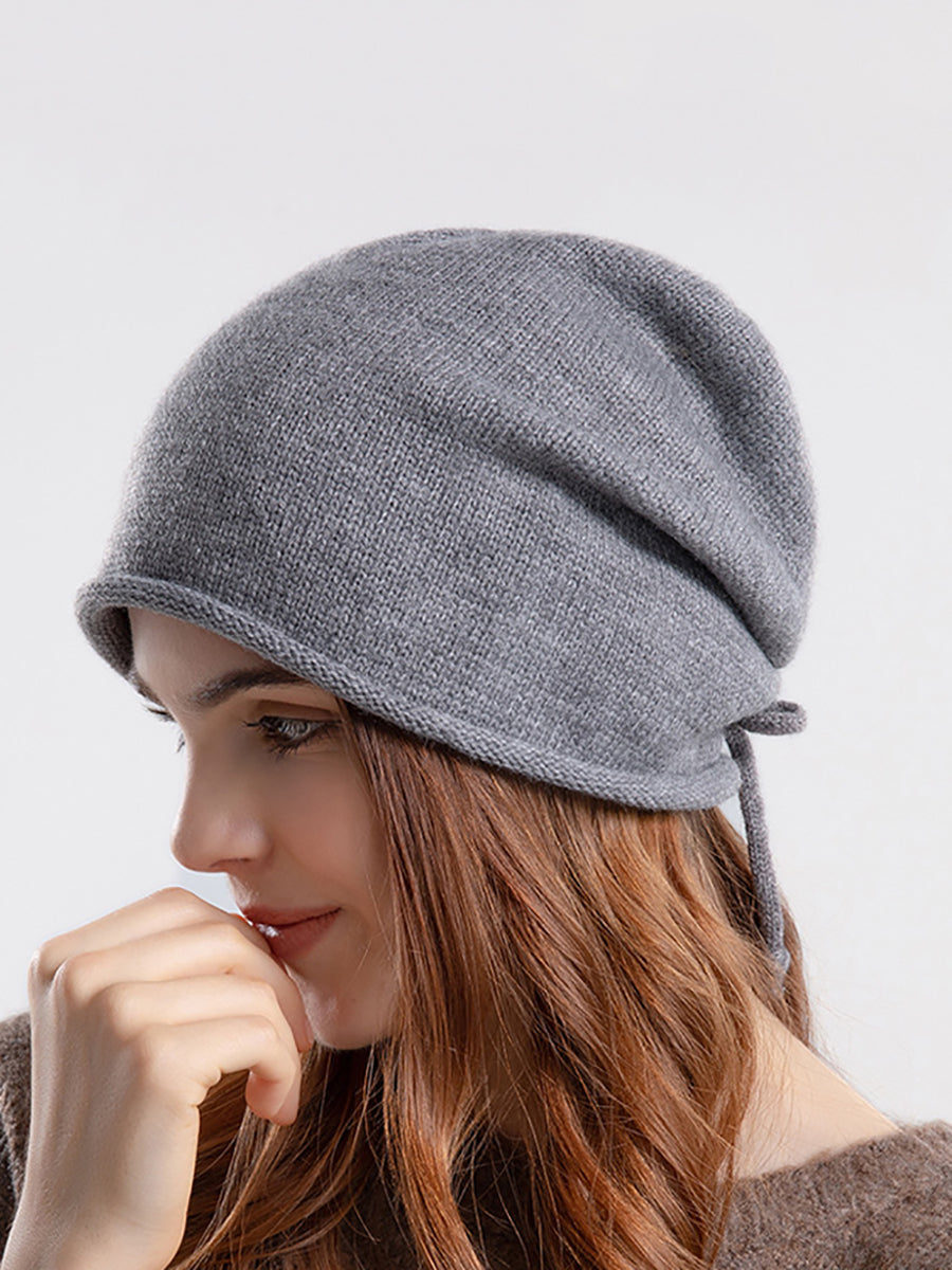 Women Autumn Pure Color Strap Knit Hat