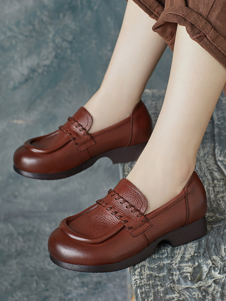 Women Vintage Genuine Solid Leather Low Heel Shoes