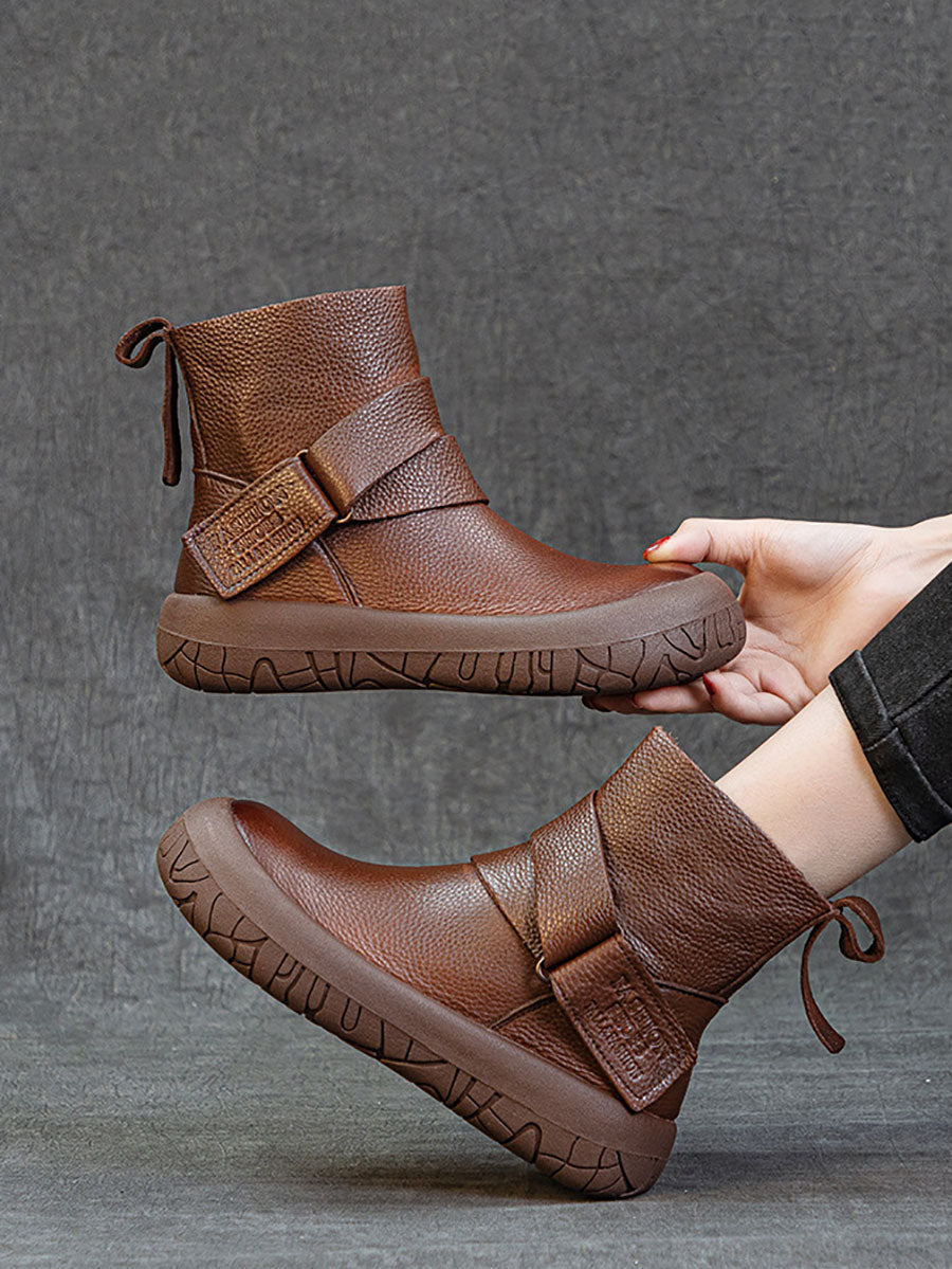 Women Vintage Genuine Leather Spliced Flat Ankle Boots