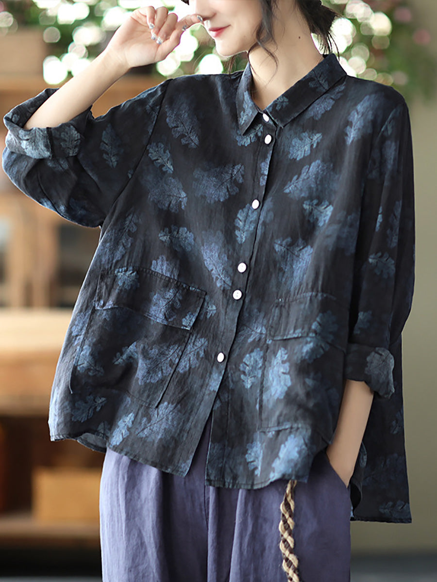 Women Vintage Floral Spring Button Up Ramie Blouse