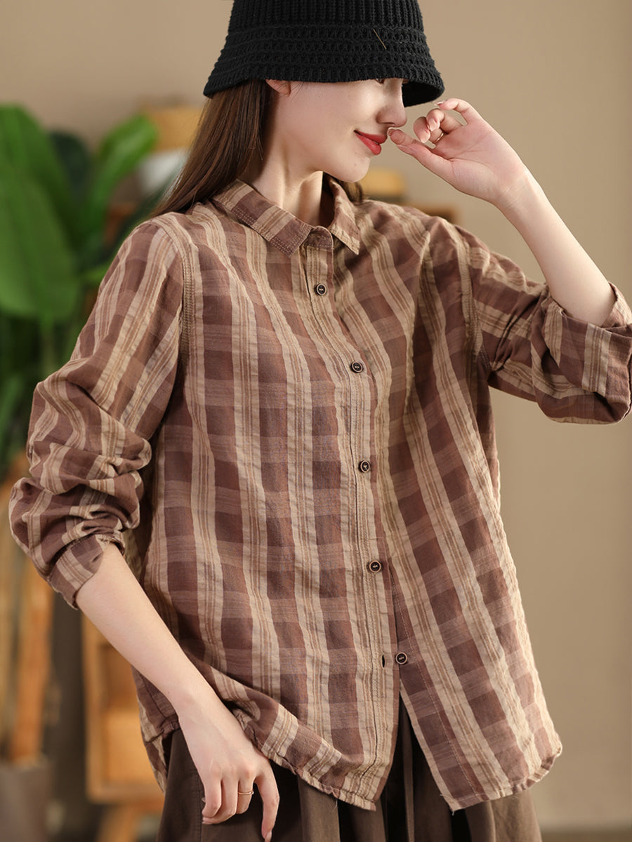 Women Autumn Vintage Plaid Button-up Linen Blouse