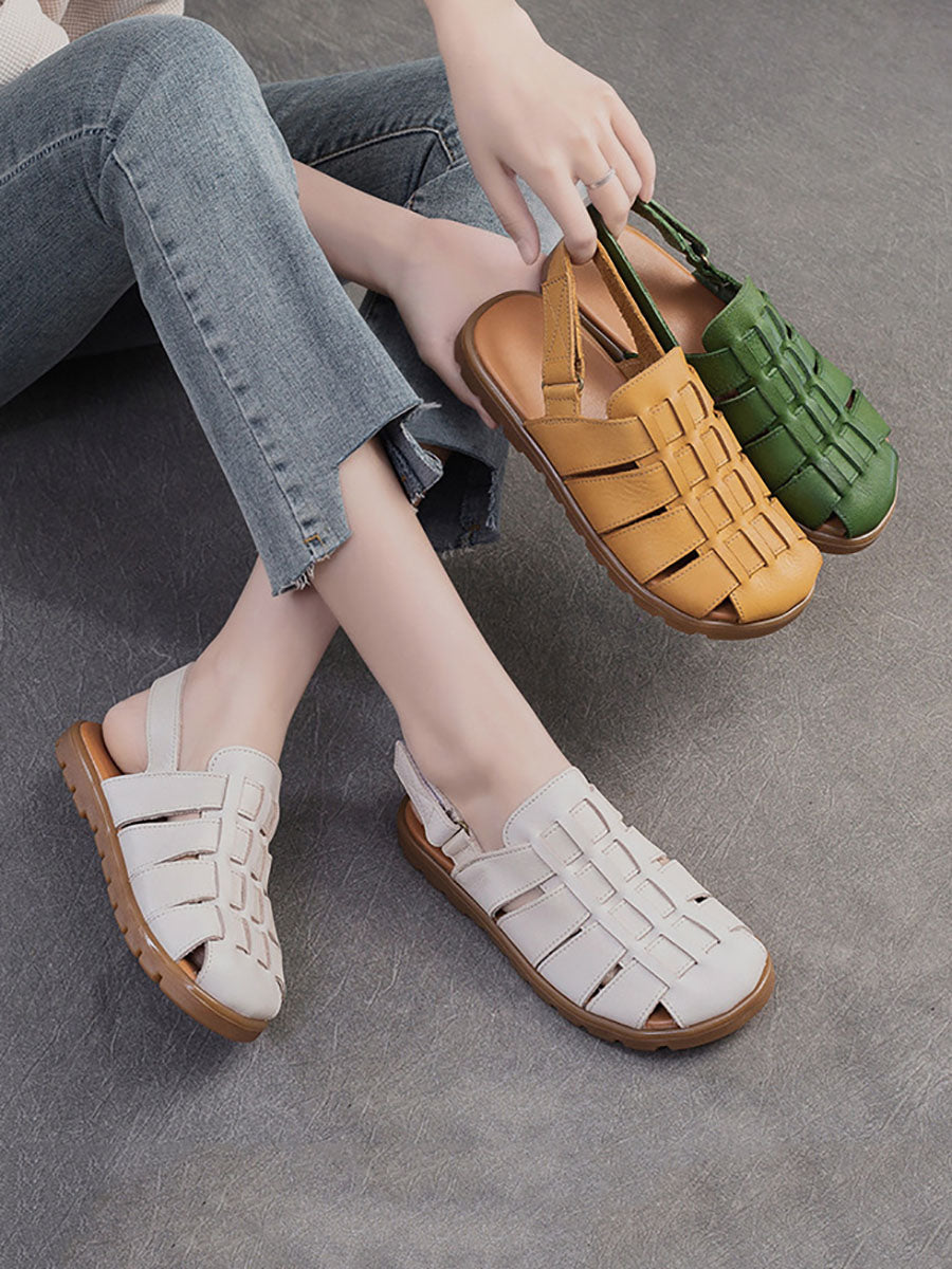 Women Summer Casual Leather Weave Solid Flat Shoes