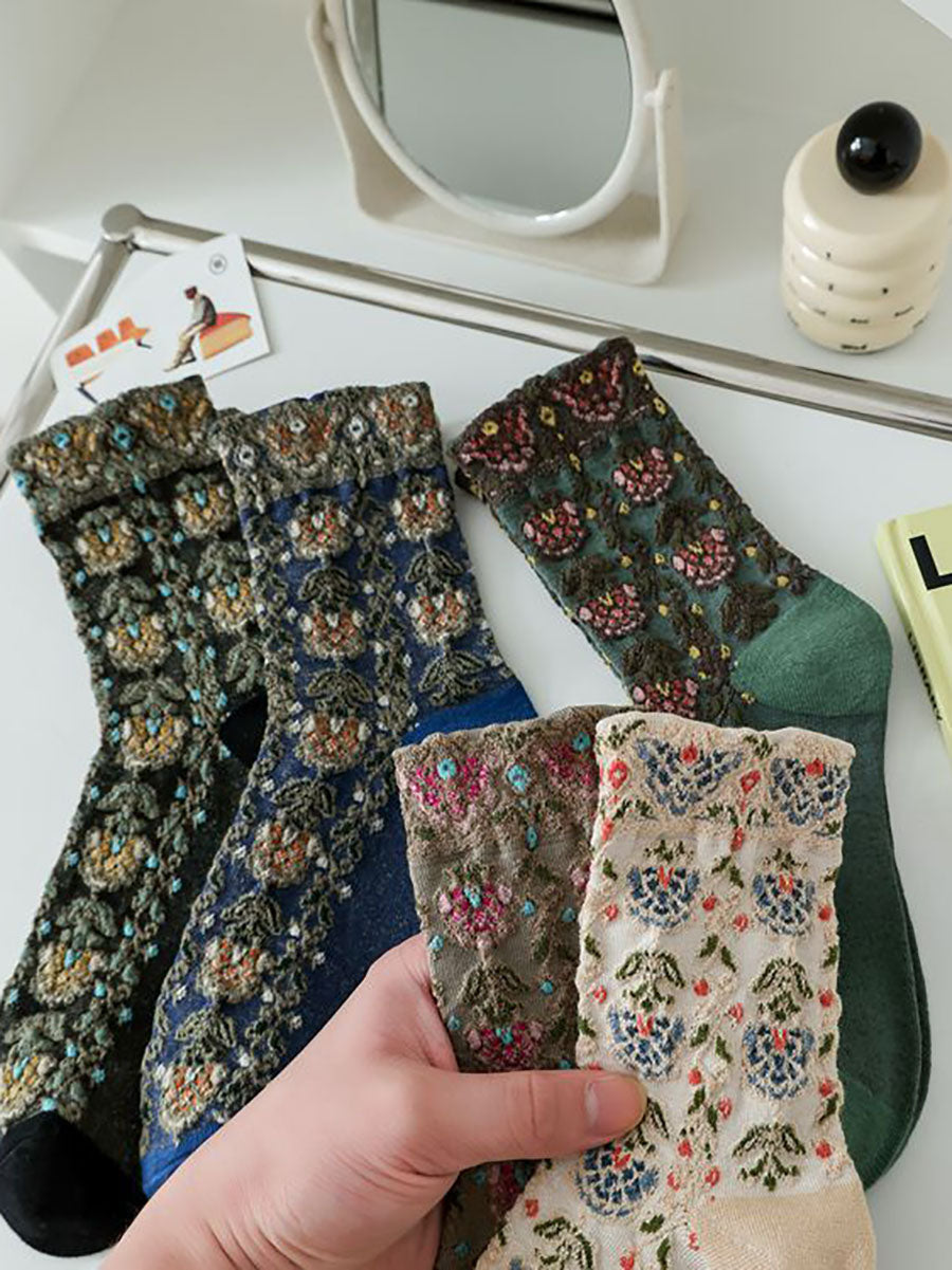 5 Pairs Women Artsy Flower Jacquard Socks