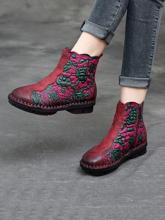 Women Retro Flower Leather Spliced Zipper Low Heel Boots