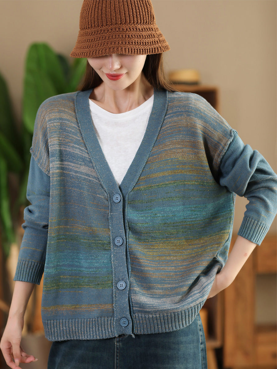 Women Autumn Artsy Colorful Knit V-Neck Cardigan Sweater