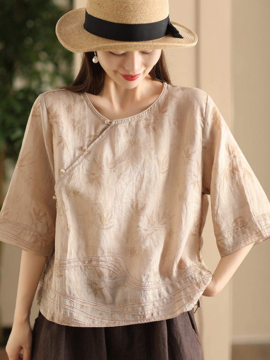 Women Ethnic Print Summer O-Neck Ramie Shirt