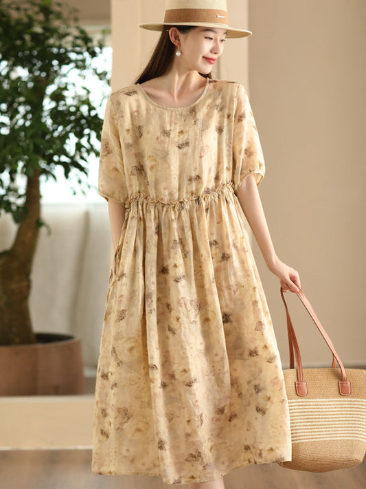 Women Summer Artsy Flower O-Neck Ramie Dress