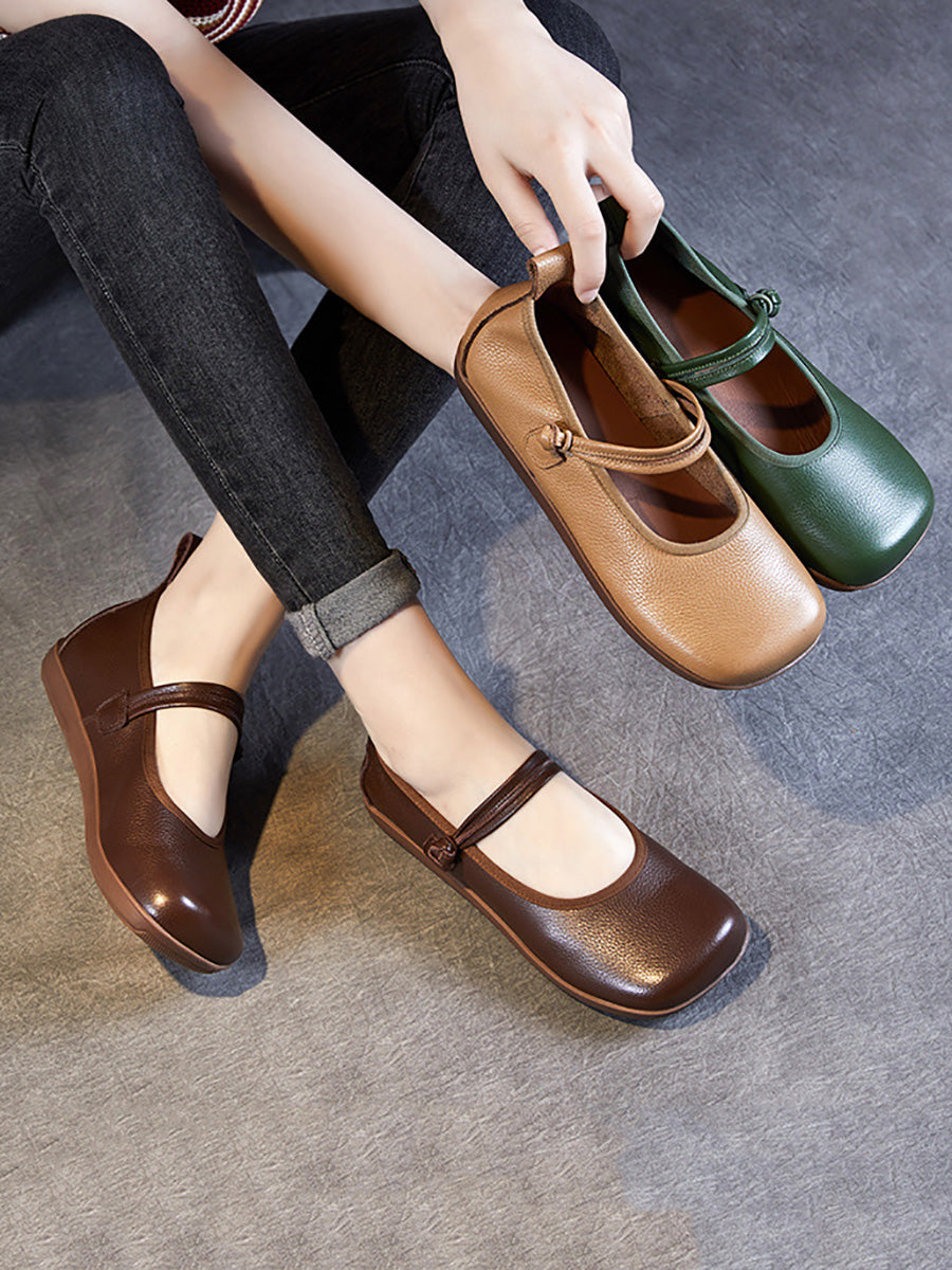 Women Casual Solid Leather Square Toe Flat Shoes