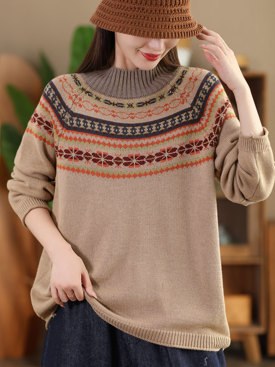 Women Vintage Autumn Jacquard Half Turtleneck Sweater