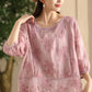 Women Artsy Floral Embroidery Spliced Ramie Shirt