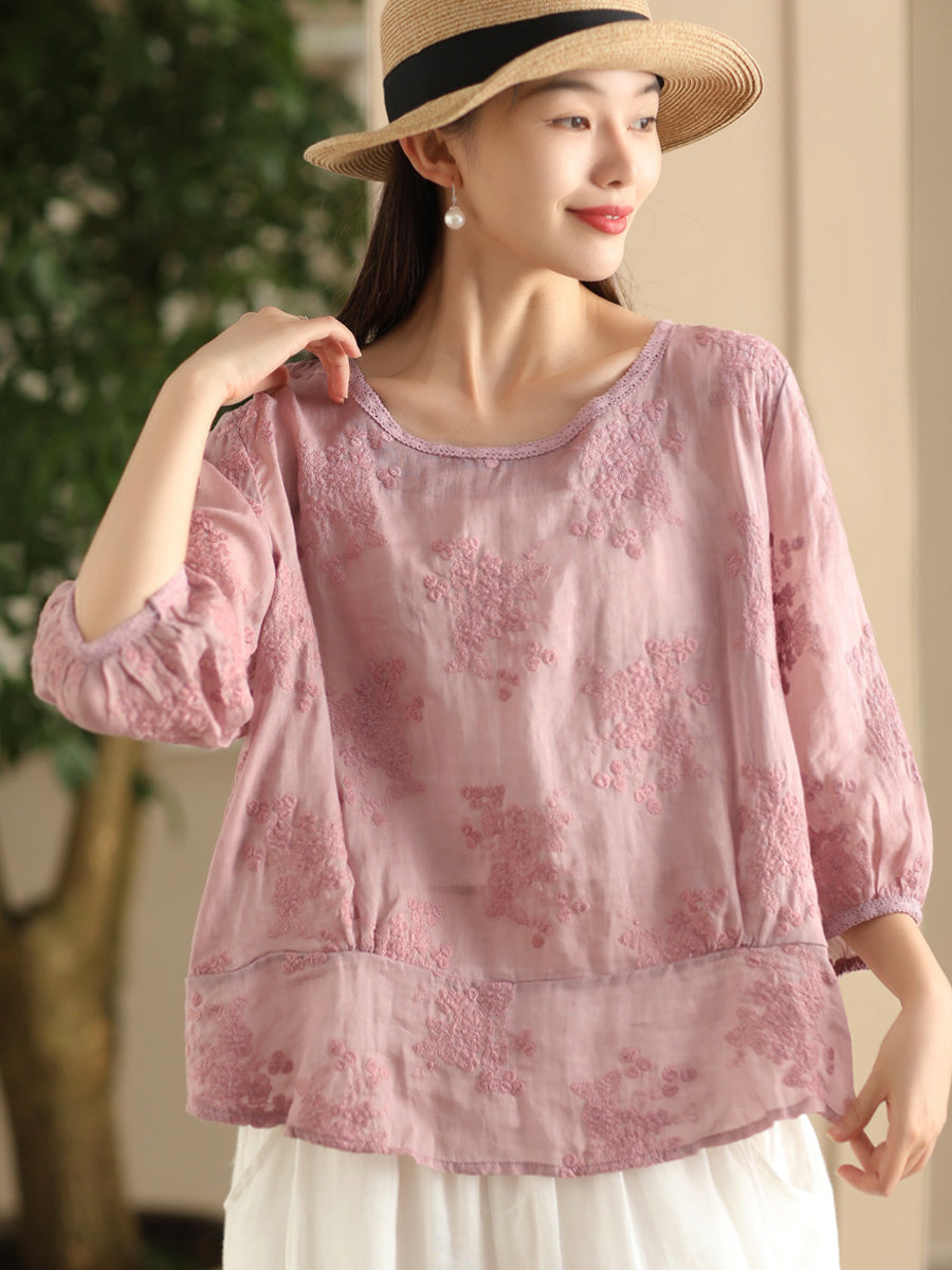 Women Artsy Floral Embroidery Spliced Ramie Shirt