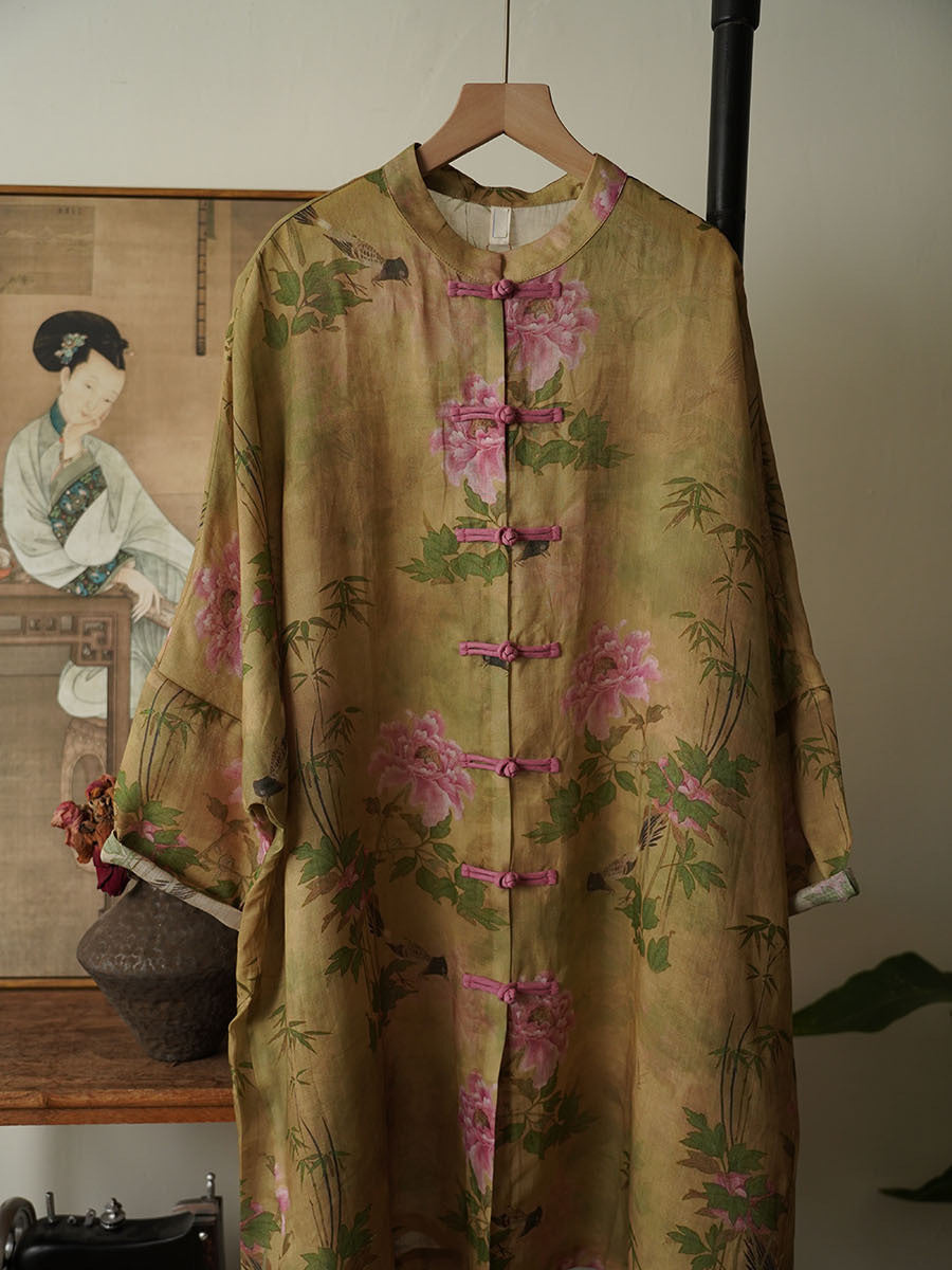 Women Summer Ethnic Flower Button Ramie Long Robe Shirt