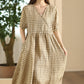 Women Artsy Summer Plaid V-Neck Linen Dress