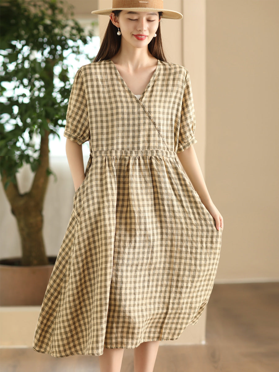 Women Artsy Summer Plaid V-Neck Linen Dress