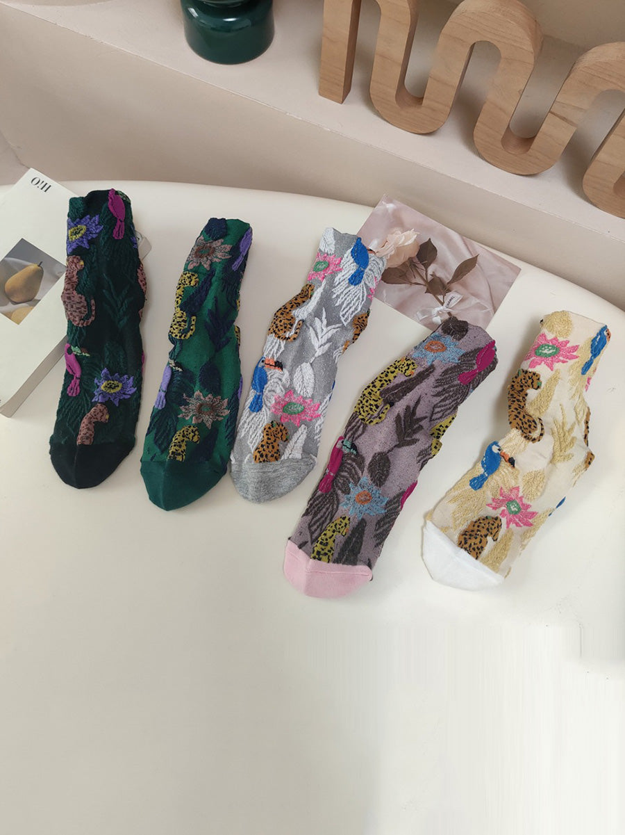 5 Pairs Women Winter Flower Animals Jacquard Socks