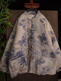 Women Autumn Vintage Print Button Stand Collar Ramie Coat