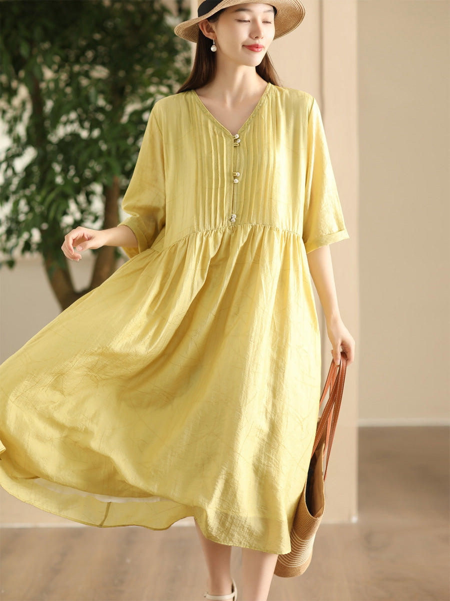 Women Summer Artsy Shirred V-Neck Solid Loose Dress