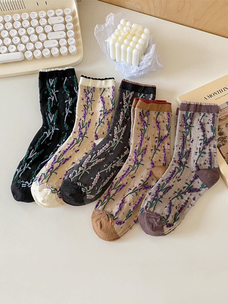 5 Pairs Women Flower Jacquard Colorblock Cotton Socks