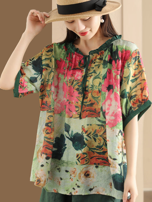 Women Summer Artsy Print Strap Loose Linen Shirt