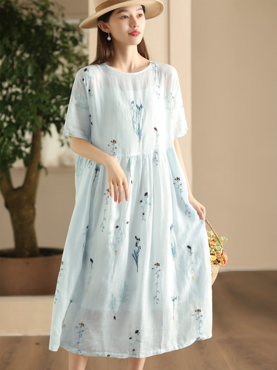 Women Artsy Flower Embroidery O-Neck Thin Ramie Dress