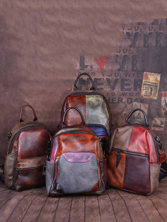 Women Colorblock Hand Painted Outdoor Leather Backpack