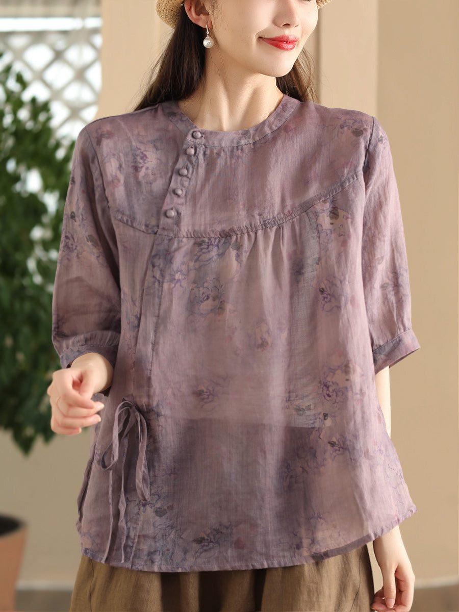 Women Summer Vintage Flower Strap O-Neck Ramie Shirt