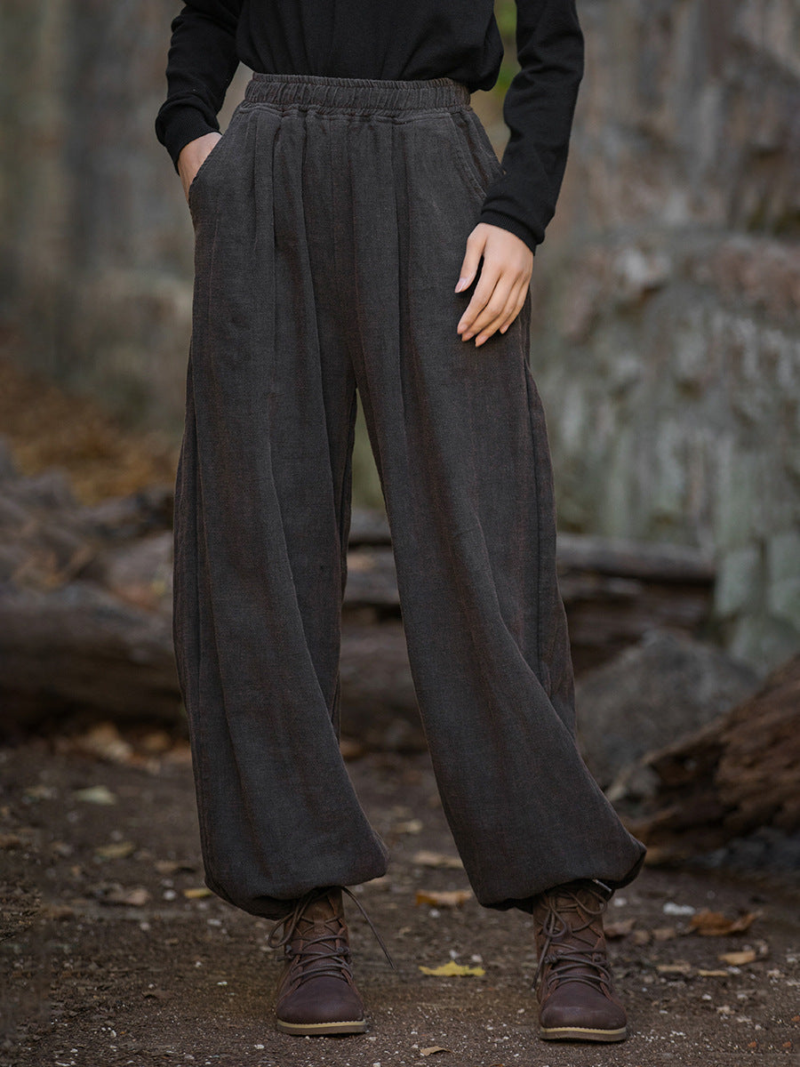 Women Vintage Autumn Solid Loose Ramie Cuffed Pants