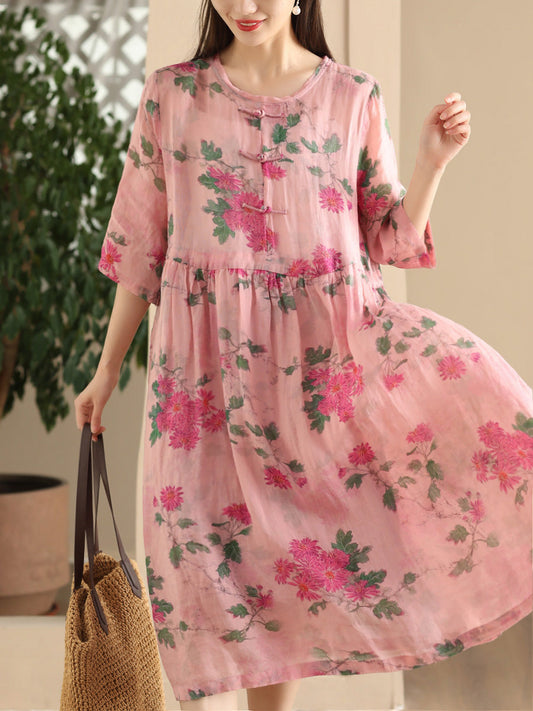 Women Summer Artsy Flower Buckle Loose Ramie Dress