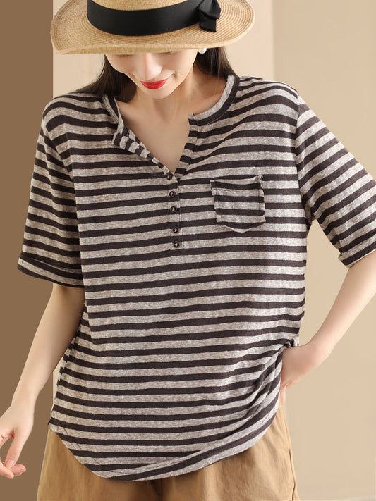 Women Sumer Casual Stripe V-Neck Button Shirt