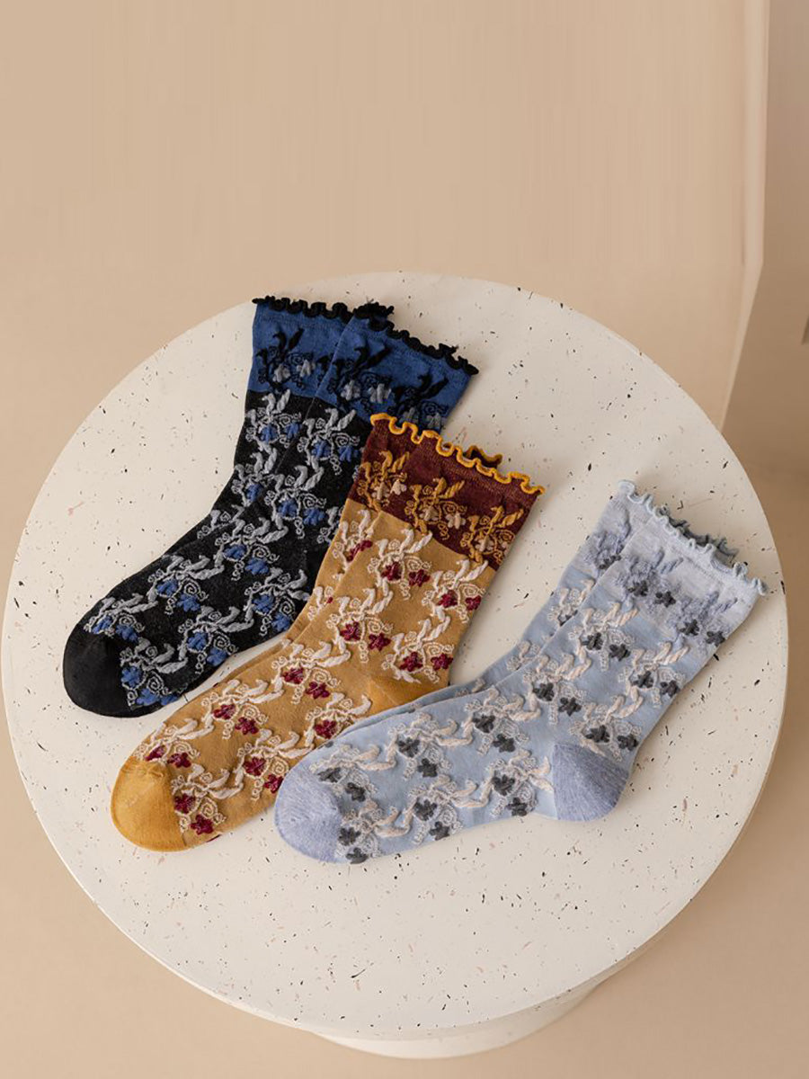 3 Pairs Women Autumn Flower Jacquard Colorblock Socks