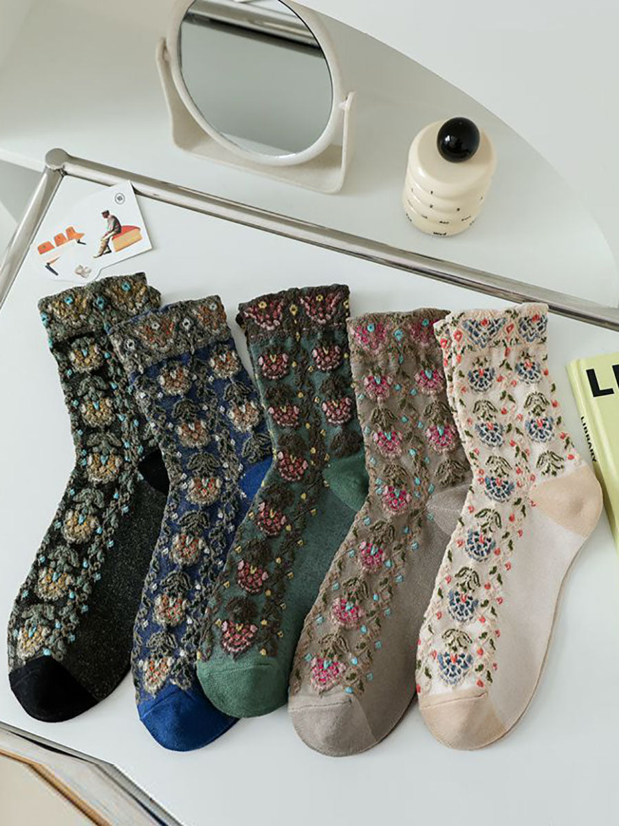 5 Pairs Women Artsy Flower Jacquard Socks