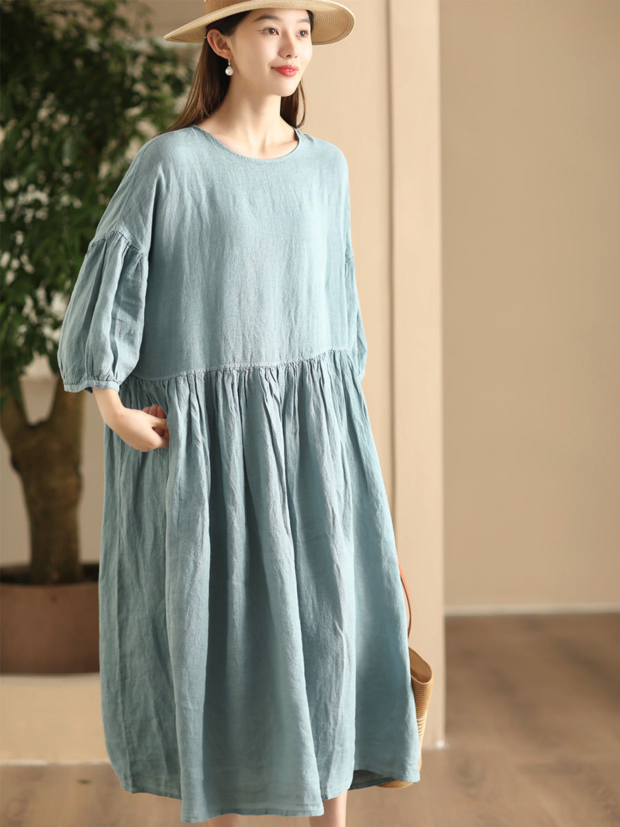 Women Summer Casual Solid Linen Loose Dress