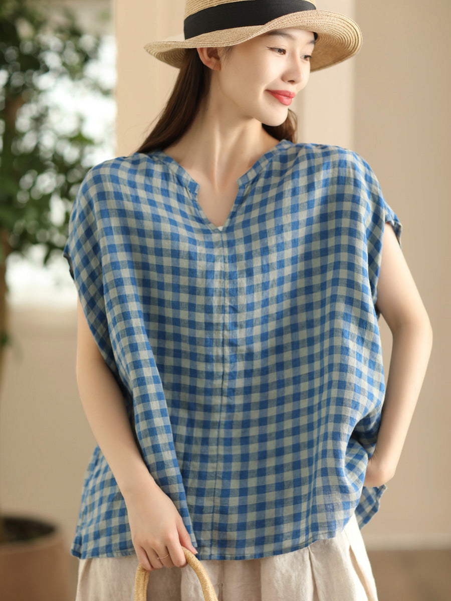 Women Summer Vintage Plaid V-Neck Loose Linen Shirt